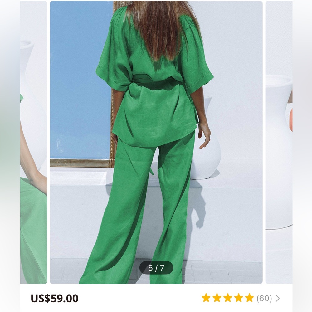 Like New Commense Oversized Green Linen Two Piece Pants Set